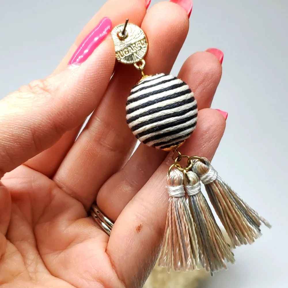 SugarFix Dangly Boho Earrings in Black White Stripped Pastel Tassels